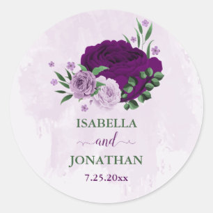 Romantic purple flowers greenery wedding classic round sticker