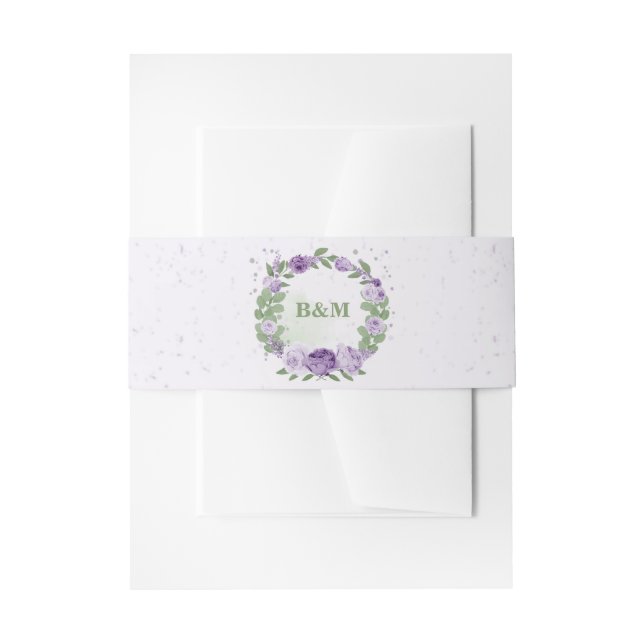 romantic purple flowers greenery wedding invitation belly band (Front Example)