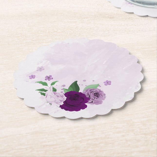 Romantic purple flowers greenery wedding paper coaster (Angled)