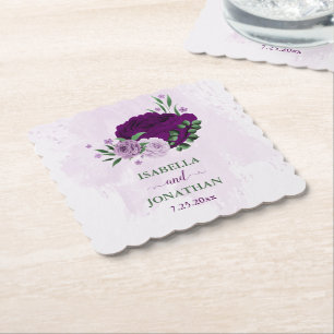Romantic purple flowers greenery wedding paper coaster