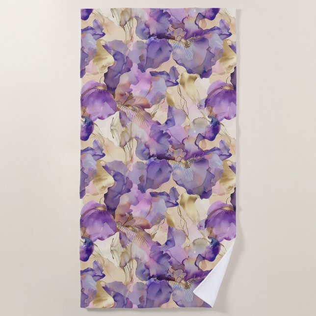 Romantic Purple Gold Iris Floral  Beach Towel (Front)