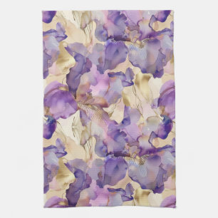 Romantic Purple Gold Iris Floral Wedding Kitchen Towel
