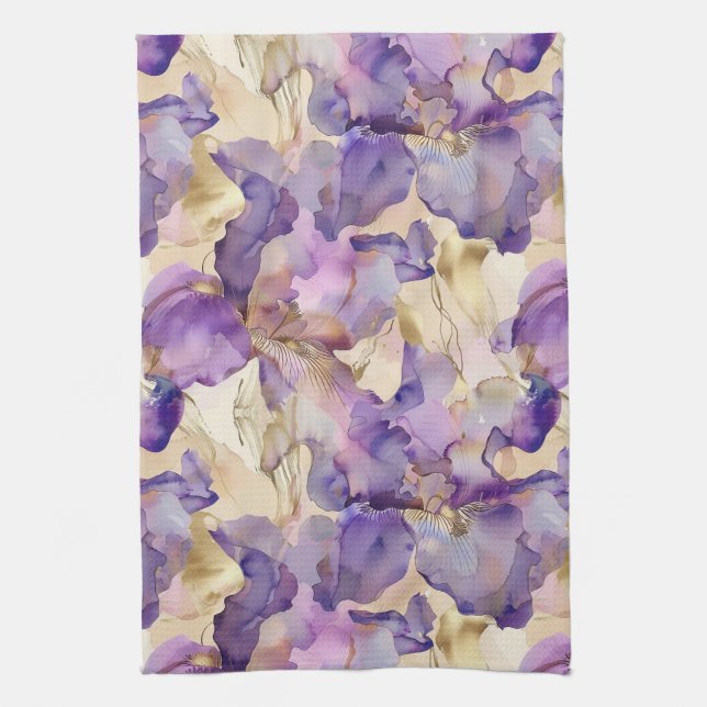 Romantic Purple Gold Iris Floral Wedding Kitchen Towel (Vertical)