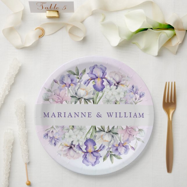 Romantic Purple Iris and Peonies Floral Wedding  Paper Plate (Wedding)