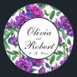 Romantic purple magenta pink watercolor peonies  classic round sticker<br><div class="desc">Romantic purple magenta pink watercolor peonies. Perfect for spring, summer, or fall events. Beautiful purple peony watercolor artwork for country, boho, garden, and floral theme occasions. To get started changing names and event details, click on "Personalize this template" and edit the wording in the template boxes. To access the more...</div>