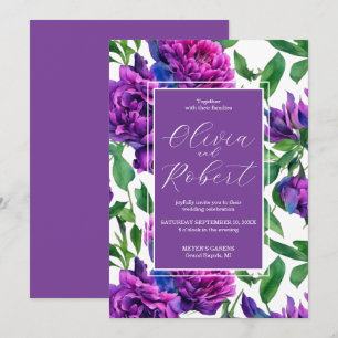 Romantic purple magenta pink watercolor peonies  invitation
