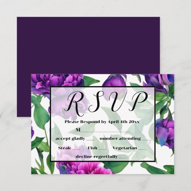 Romantic purple magenta pink watercolor peonies  RSVP card (Front/Back)