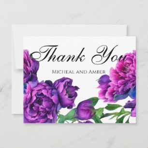 Romantic purple magenta pink watercolor peonies  thank you card
