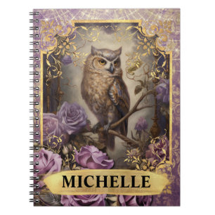 Romantic Purple Owl and Roses Fantasy Notebook