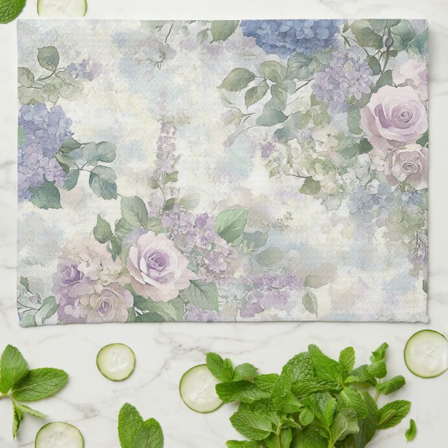 Romantic Purple Pink Flowers Kitchen Towel (Folded)