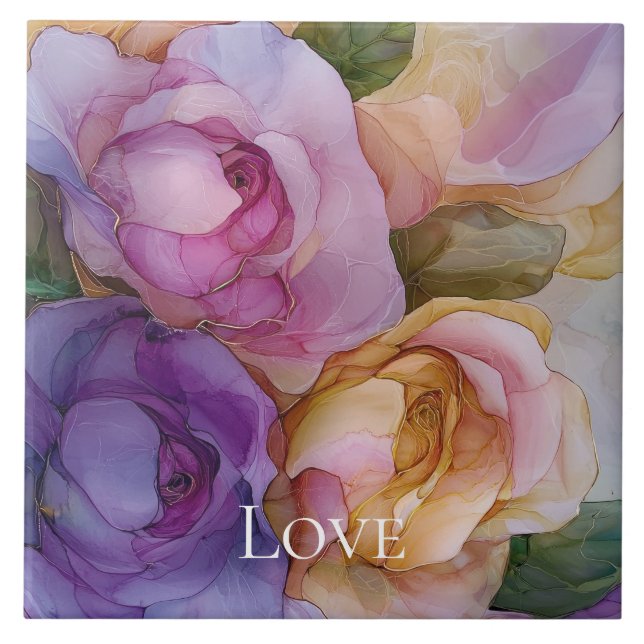 Romantic Purple Pink Gold Floral Love Tile (Front)