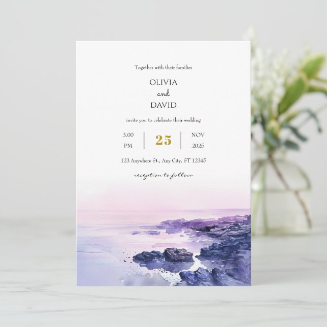 Romantic Purple Rocky Shoreline Dusk Beach Wedding Invitation (Standing Front)