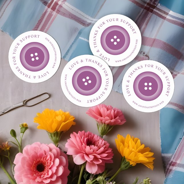 Romantic Purple Shades Button Love & Thanks Classic Round Sticker (Romantic Purple Shades Button Love & Thanks Quote Classic Round Sticker for Supporting Business.)