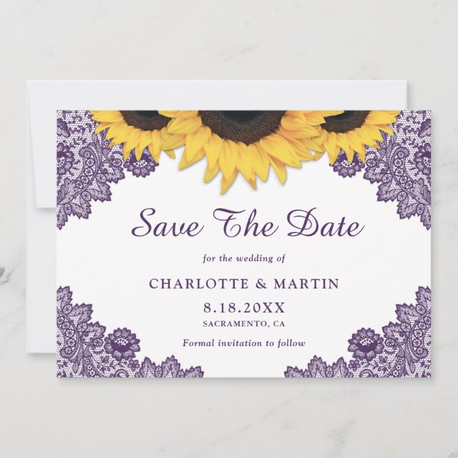Romantic Purple Sunflower Wedding Save The Date (Front)