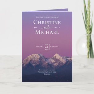 Romantic purple sunset snowy mountains wedding program