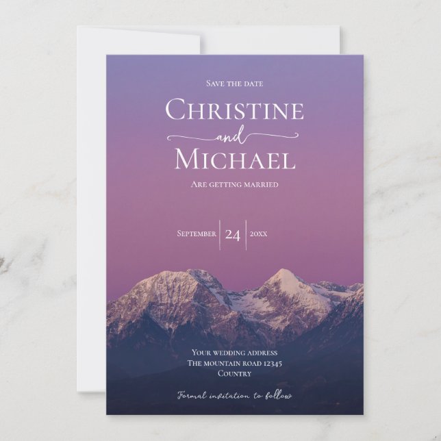 Romantic purple sunset snowy mountains wedding save the date (Front)