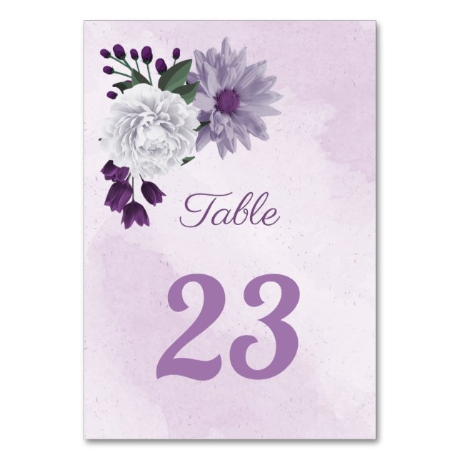 Romantic purple & white floral greenery table number (Front)