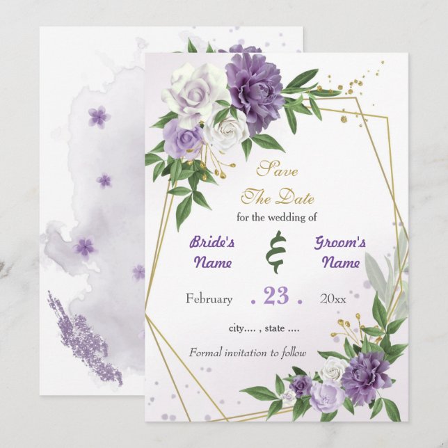 Romantic purple white flowers gold geometric save the date (Front/Back)