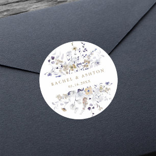 Romantic Purple White Gold Floral Wedding   Classic Round Sticker