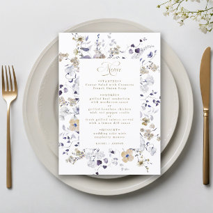 Romantic Purple White Gold Floral Wedding Menu