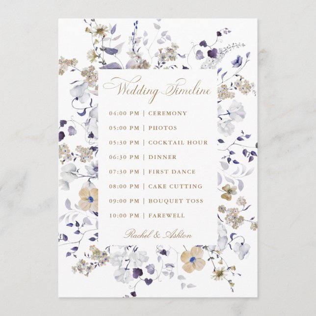 Romantic Purple White Gold Floral Wedding Timeline Program (Front)