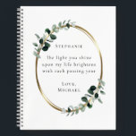Romantic Quote Personalized Eucalyptus Notebook<br><div class="desc">The Light You Shine Romantic Quote Personalized Eucalyptus Gold Oval Notebook... The romantic inspirational saying on our custom design notebook reads "The light you shine upon my life brightens with each passing year" in trendy serif typography. Bordering this text are watercolor eucalyptus branches in shades of emerald and sage green...</div>