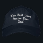Romantic Quote "The best love stories never end," Embroidered Hat<br><div class="desc">This navy cotton cap features the romantic quote "The best love stories never end, " elegantly embroidered to capture its timeless sentiment. The adjustable strap ensures a comfortable fit for all sizes, making it a versatile choice. Crafted from durable cotton, this cap combines style with a meaningful message, making it...</div>