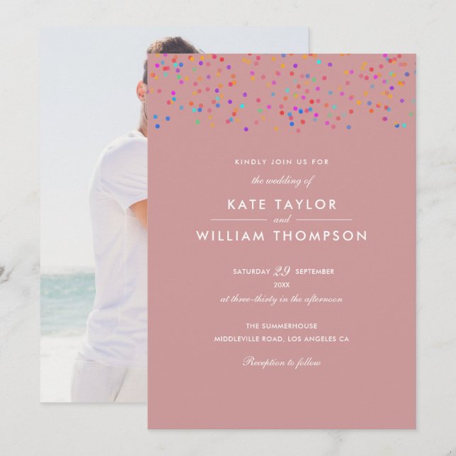 Romantic Rainbow Confetti Dusty Rose Photo Wedding Invitation (Front/Back)