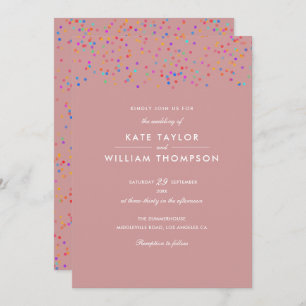 Romantic Rainbow Confetti Dusty Rose Wedding Invitation