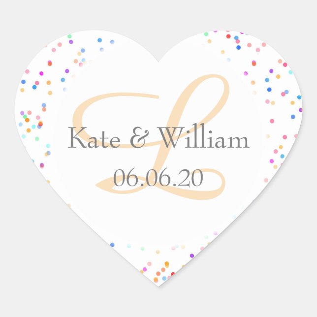 Romantic Rainbow Confetti Names Monogram Heart Sticker (Front)