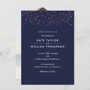 Romantic Rainbow Confetti Navy Blue Photo Wedding Invitation