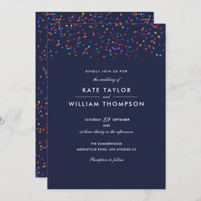 Romantic Rainbow Confetti Navy Blue Wedding Invitation (Front/Back)
