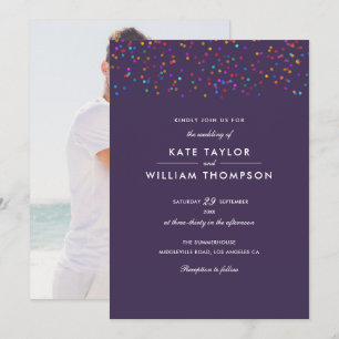 Romantic Rainbow Confetti Purple Photo Wedding Invitation