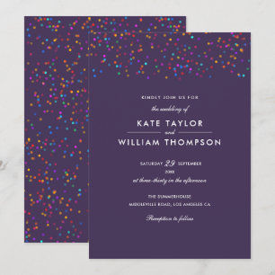 Romantic Rainbow Confetti Purple Wedding Invitation