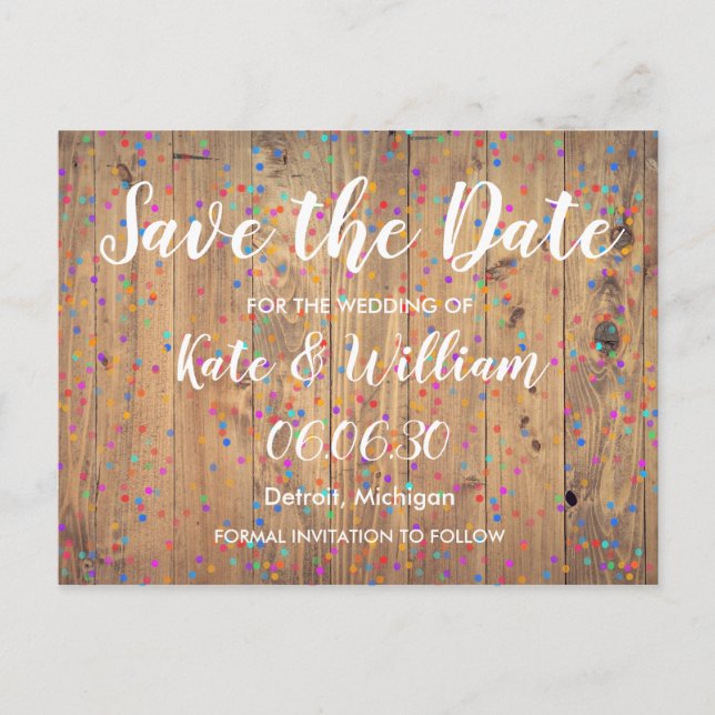 Romantic Rainbow Confetti Save the Date Boho Announcement Postcard (Front)