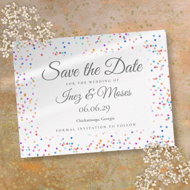 Romantic Rainbow Confetti Save the Date Postcard (Romantic Rainbow Confetti Save the Date Postcard)