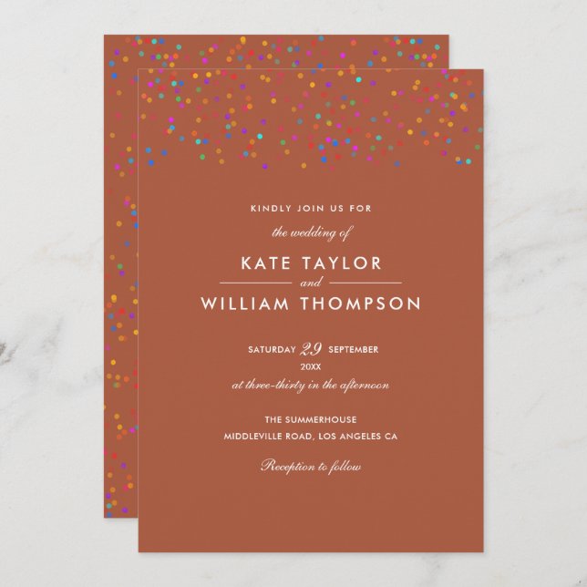 Romantic Rainbow Confetti Terracotta Wedding Invitation (Front/Back)
