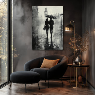 Romantic Rainy Walk in London - Charcoal Style Poster