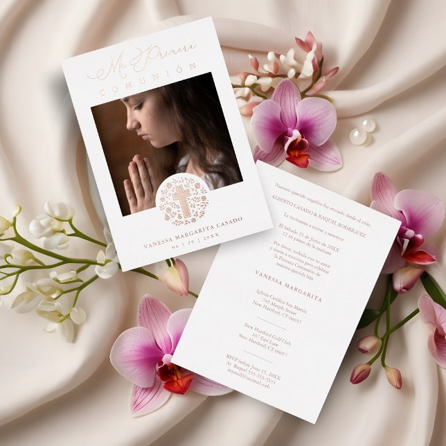 Romantic Real Rose Gold Floral Wreath Photo (Romantic Real Rose Gold Floral Wreath Photo Metallic Foil Mi Primera Comunión Spanish Invitation.)