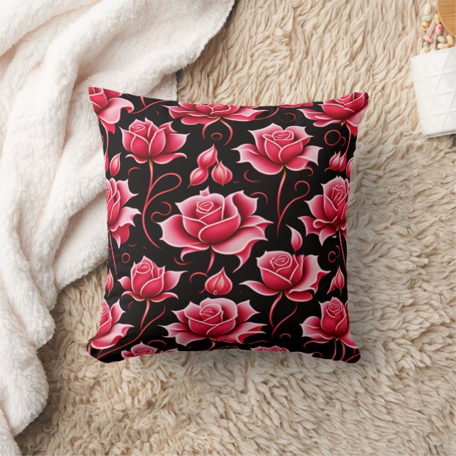 romantic red and black botanical and flowers  throw pillow (Blanket)
