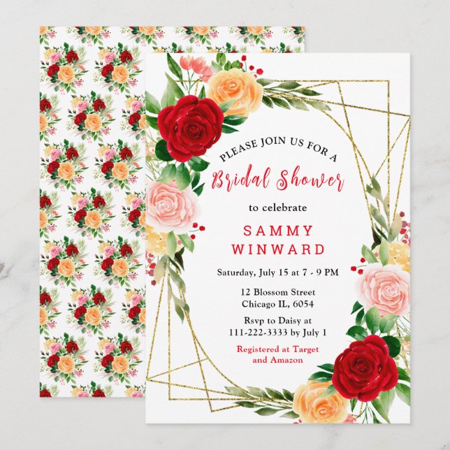 Romantic Red and Orange Roses Invitation (Front/Back)