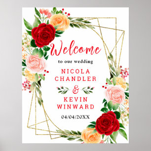Romantic Red and Orange Roses Wedding Welcome Sign