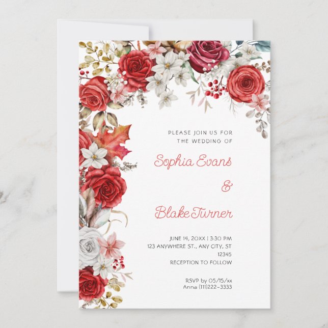 Romantic Red and White Roses White Wedding Invitation (Front)