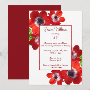 Romantic Red Anemones Floral 25th Birthday Invitation