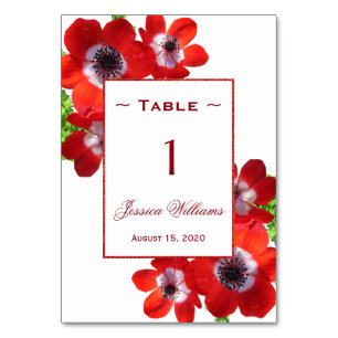 Romantic Red Anemones Floral  Birthday Table Number