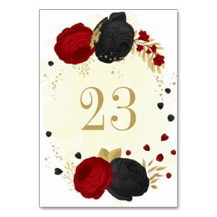 Romantic red & black flowers gold wedding  table number