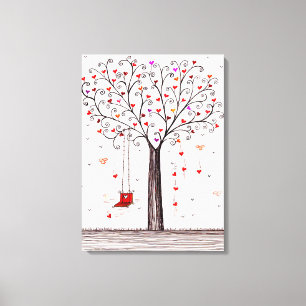 ROMANTIC  RED BLACK INK HEART  TREE WITH SWING CANVAS PRINT