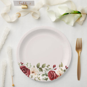 Romantic Red Blush Pink Roses Wedding Paper Plate