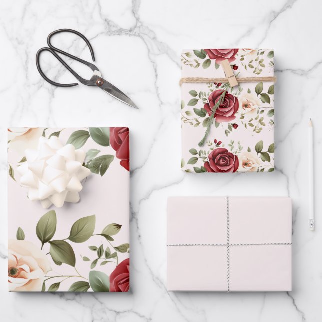 Romantic Red Blush Pink Roses Wedding Wrapping Paper Sheet (Front)