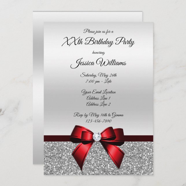Romantic Red Bow & Silver Glitter Birthday Invitation (Front/Back)